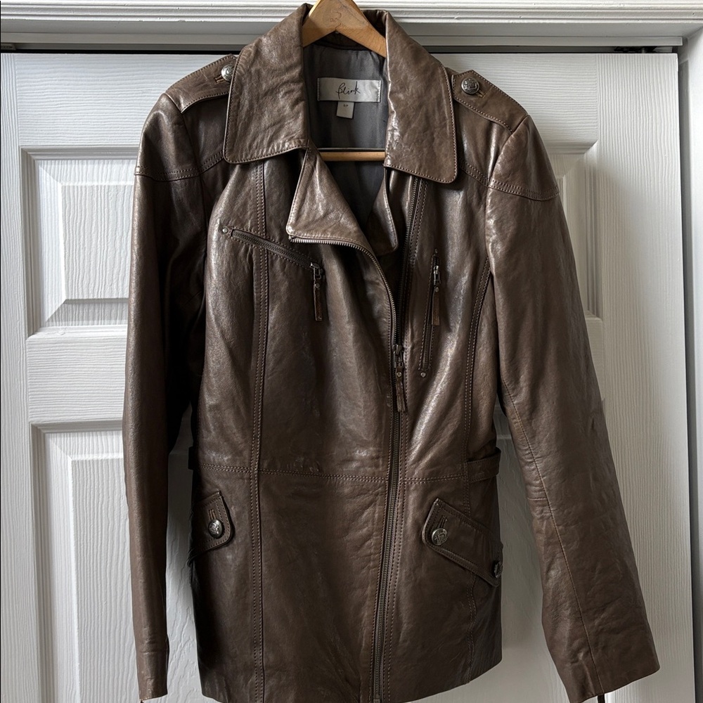 Blink taupe leather hip length jacket thinsulate lining EUC